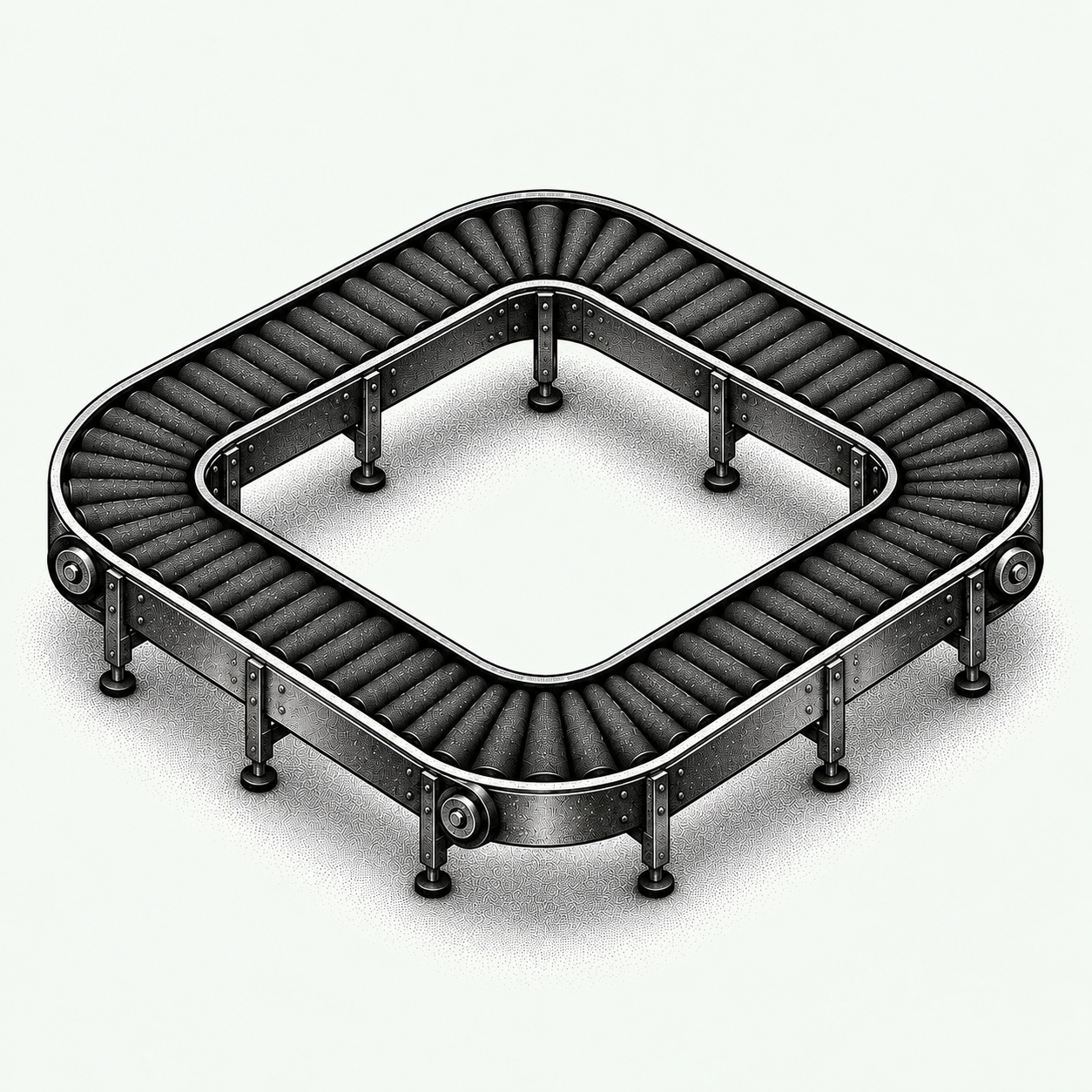 A continuous roller conveyor loop